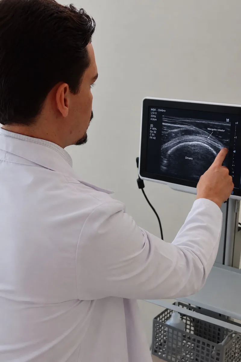 Dr. Bernardo Queiroz apontando o manguito rotador na tela do ultrassom do ombro durante a consulta